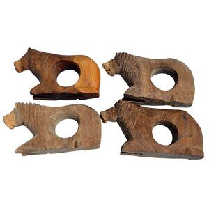 Vintage Safari Lion Wood Carved Ethiopian Napkin Rings Set of 4
